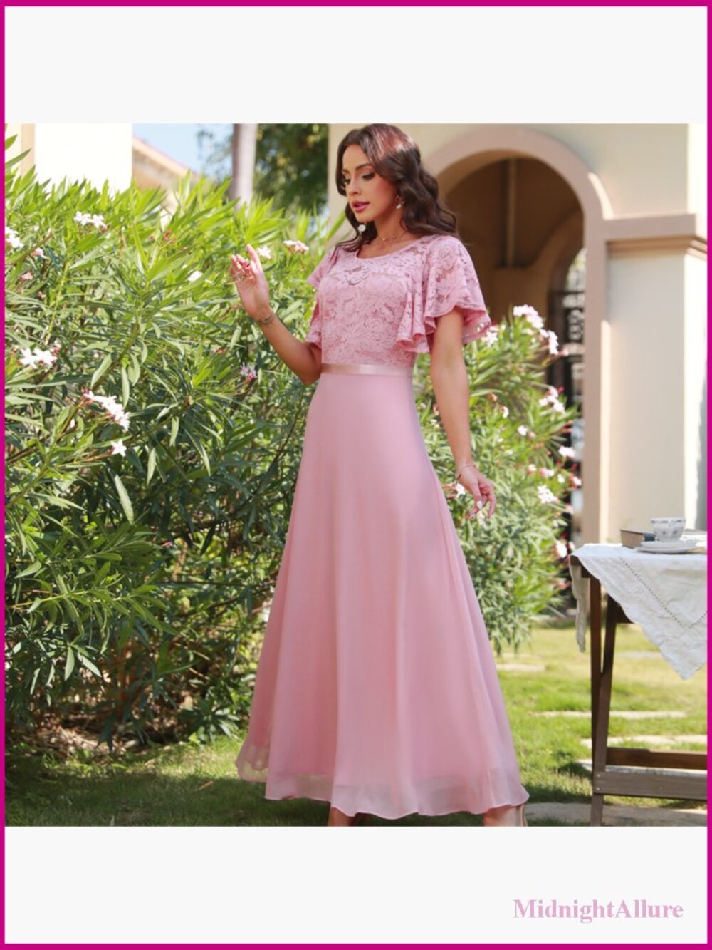 Formal Maxi Dress with Ruffle Sleeves and Lace - Wedding Guest Prom Gown - Picture 7 of 7